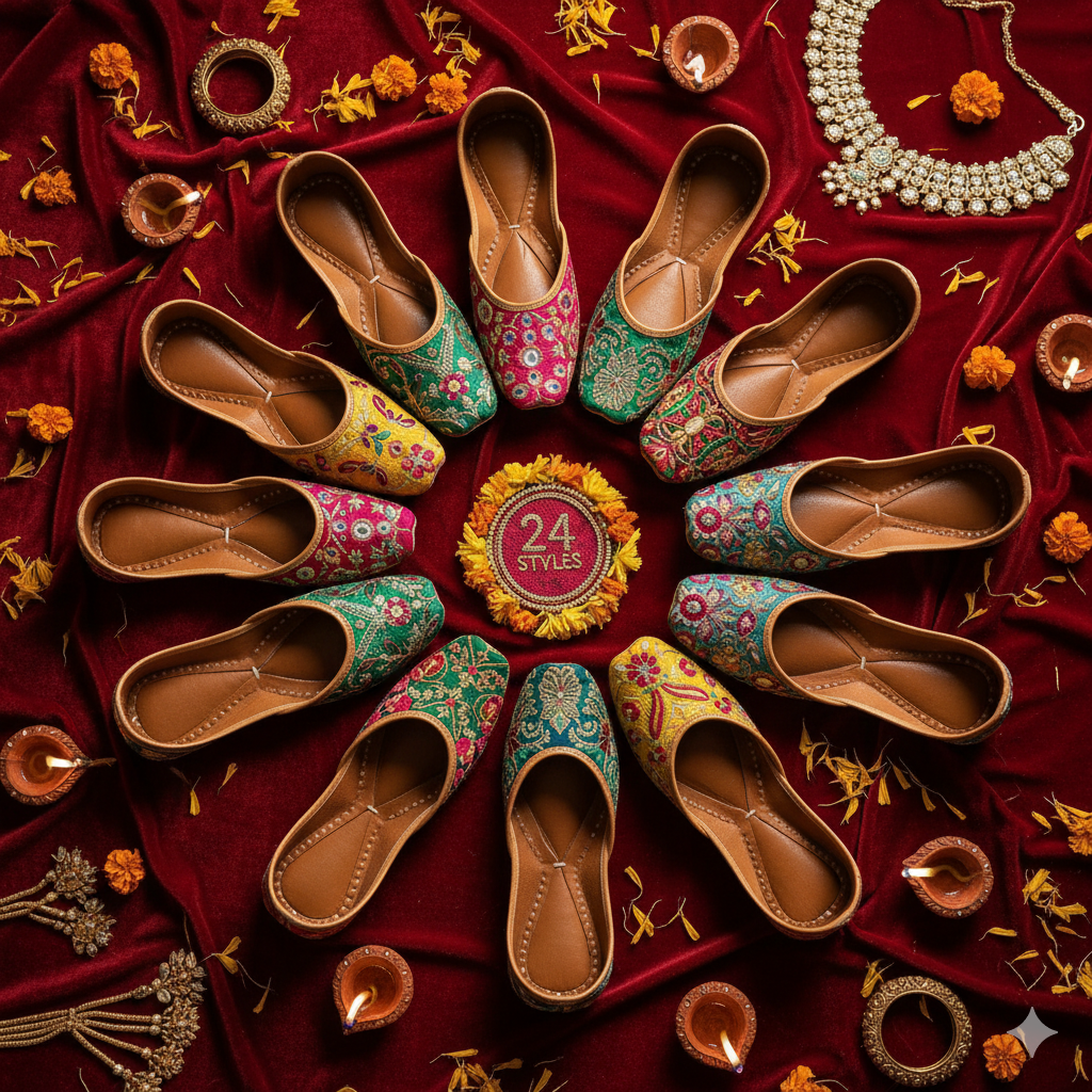 A creative display of at least 8-10 pairs of different colorful juttis for festive wear